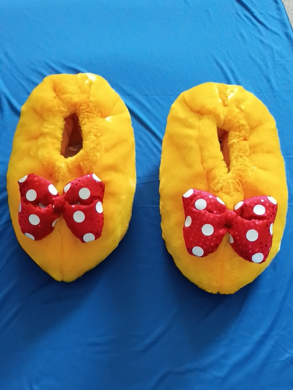 Disney Plush Yellow Slippers with Red Polka Dot Bows